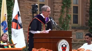 Princeton President Christopher L  Eisgruber addresses the Class of 2029 during Opening Exercises